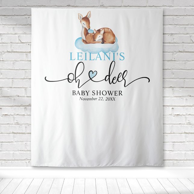 Tapiz Bienvenida Oh Deer Baby Shower Blue Cloud (Oh deer baby shower with a deer and fawn on a blue cloud with hand lettered typography.)