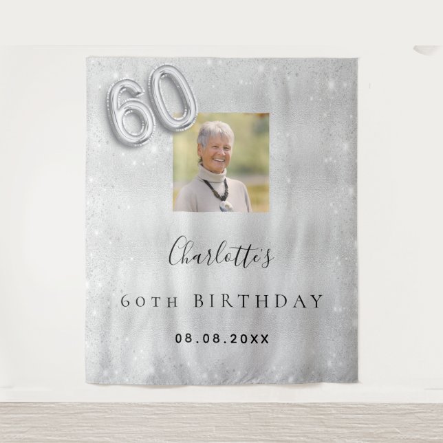 Tapiz bienvenida polvo de brillo de plata cumpleaños 60 (Anverso)
