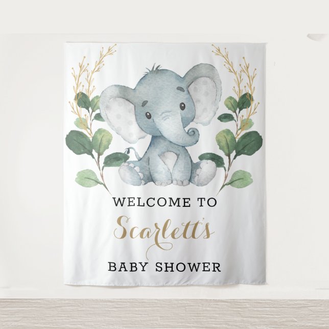 Tapiz Bienvenida Simple Verde Elefante Dorado Baby Showe (Anverso)