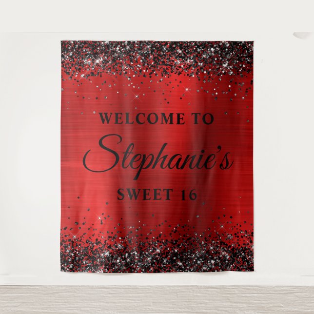 Tapiz Bienvenido a Sweet 16 de Purpurina Negra y Rojo de (Anverso)