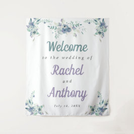 Tapiz Bienvenido Boda Flores Azules Acuarela Púrpura