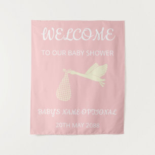 Tapiz Bienvenido Elegante Rosa, Texto Blanco Y Cigüeña