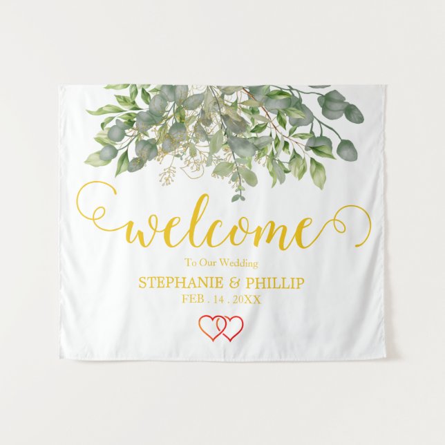 Tapiz Bienvenido Follaje de Eucalipto Verde Boda negro (Anverso (horizontal))