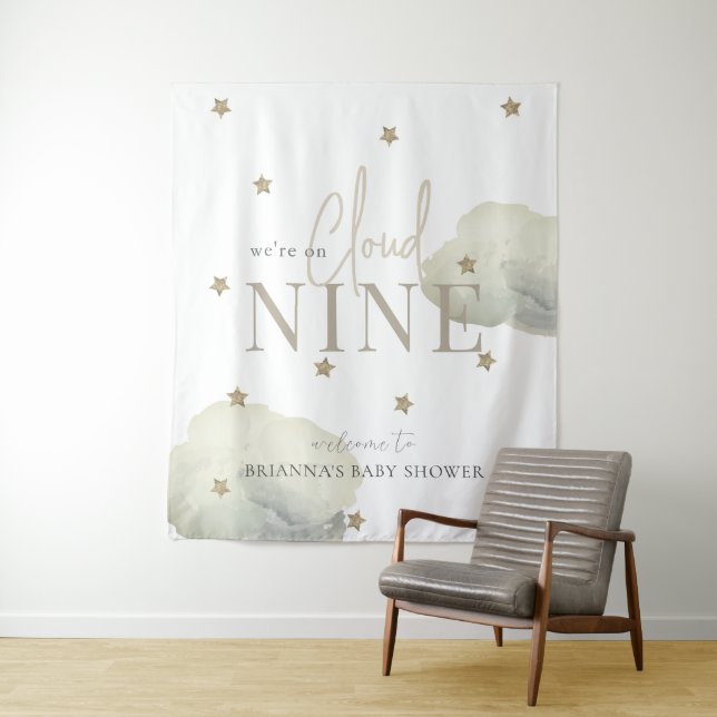 Tapiz Bienvenidos a Baby Shower con acuarela Gold Cloud  (In situ)