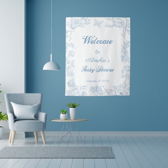 Tapiz Bienvenidos a Baby Shower con borde floral azul ci (Subido por el creador)