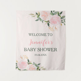 Tapiz Bienvenidos a Baby Shower con flores rosadas