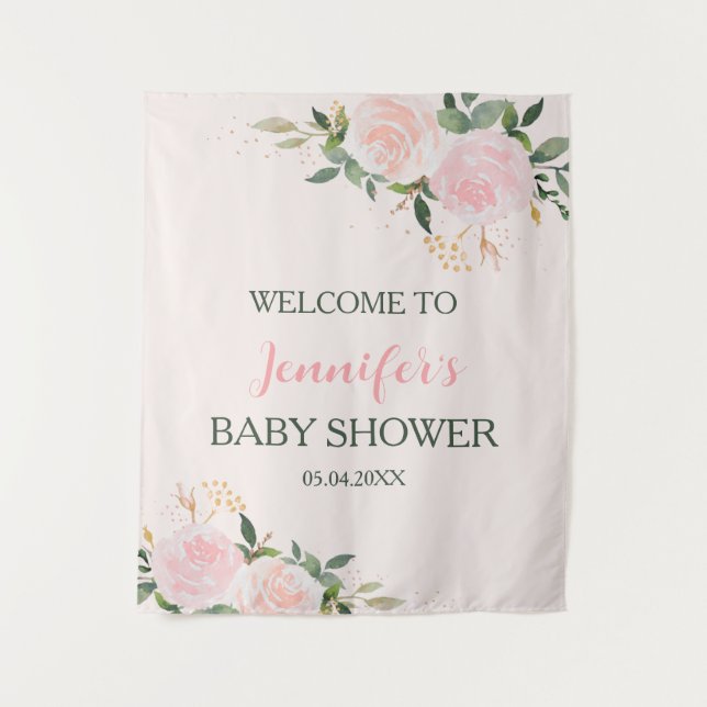 Tapiz Bienvenidos a Baby Shower con flores rosadas (Anverso)
