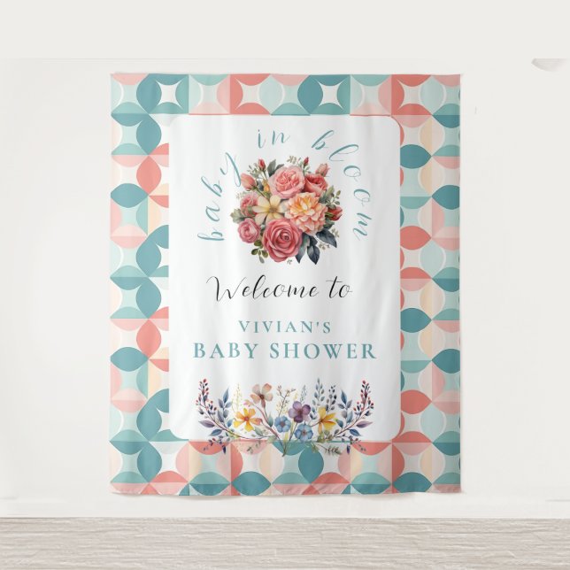Tapiz Bienvenidos a Baby Shower en Bloom Floral Tile (Anverso)