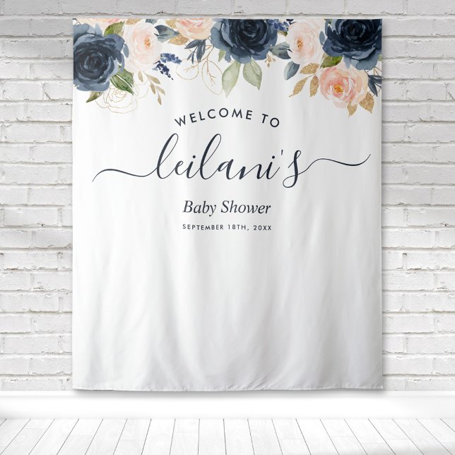 Tapiz Bienvenidos a Baby Shower Navy Pink Floral Botánic (Blue and Pink floral botanical baby shower welcome tapestry great for photo ops and backdrops.)