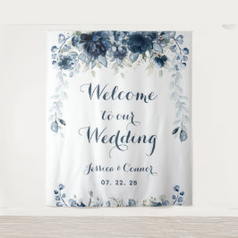 Tapiz Bienvenidos a Nuestra Boda de Azul Marino Polvorie
