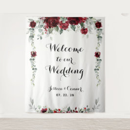 Tapiz Bienvenidos a Nuestra Boda de Burgundy y Eucalipto