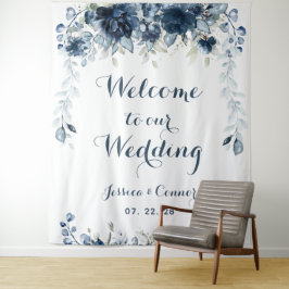 Tapiz Bienvenidos a nuestra boda Navy Dusty Blue Eucalip