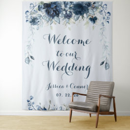 Tapiz Bienvenidos a nuestra boda Navy Dusty Blue Eucalyp