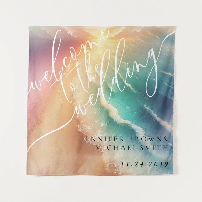 Tapiz Bienvenidos al Fiesta caliente de la playa del Océ (Anverso)