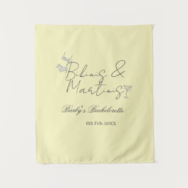 Tapiz Bikins & Martinis bachelorette party yellow retro (Anverso)