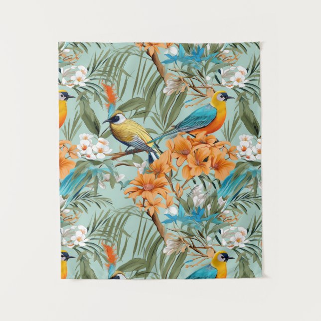 Tapiz Birds Chinoiserie Mint Naranja (Anverso)
