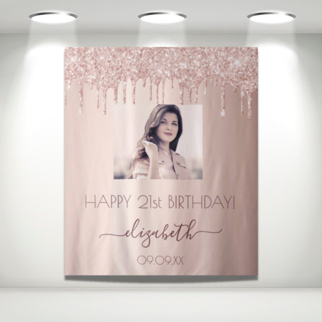 Tapiz Birthday party custom photo rose gold glitter pink (Subido por el creador)