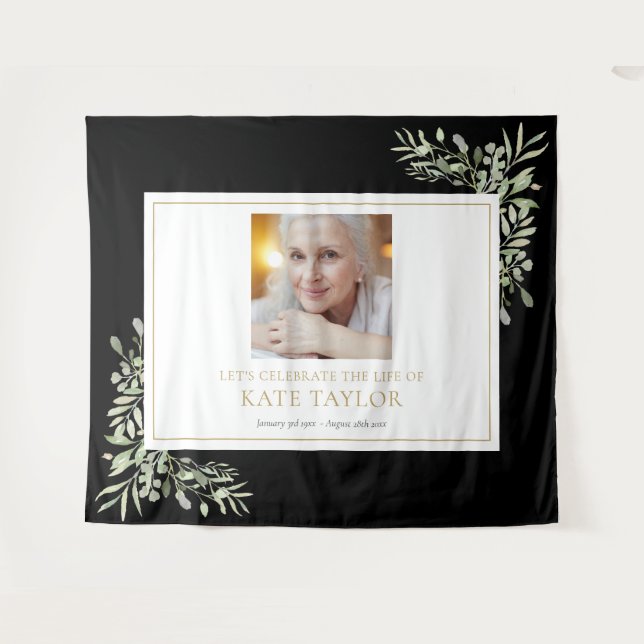Tapiz Black Gold Greenery Photo Funeral Memorial Service (Anverso (horizontal))