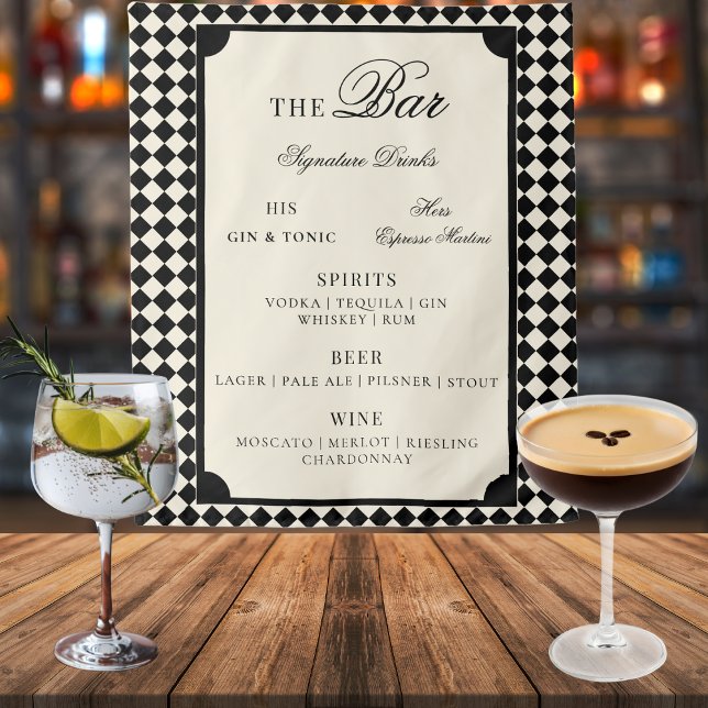 Tapiz Black Ivory Checks Old Money Wedding Bar Menu Sign (Subido por el creador)