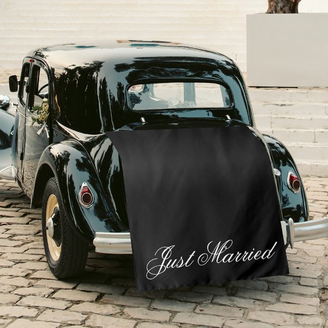 Tapiz Black Just Married Fabric Car Wedding Banner Sign (Black Just Married Fabric Car Wedding Banner Sign Tapestry)