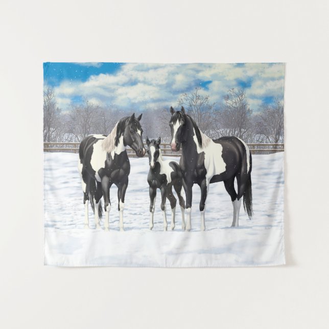 Tapiz Black Pinto Quarter Horse Pintando En Nieve (Anverso (horizontal))