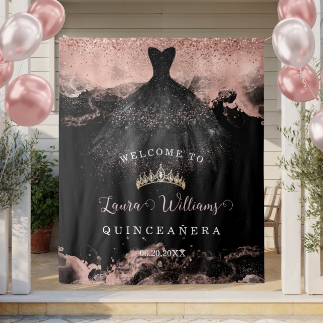 Tapiz Black & Rose Gold Quinceañera Birthday Backdrop (Rose Gold Glitter Quinceanera Birthday Party Backdrop)