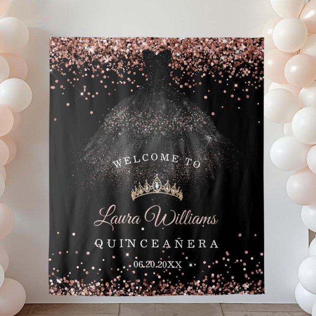 Tapiz Black & Rose Gold Quinceañera Birthday Backdrop (Reose Gold glitter quinceañera  birthday party backdrop)