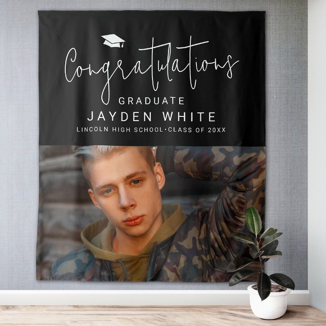 Tapiz Black Simple Modern Script Photo Graduation Party (Black Simple Modern Script Photo Graduation Party Tapestry)