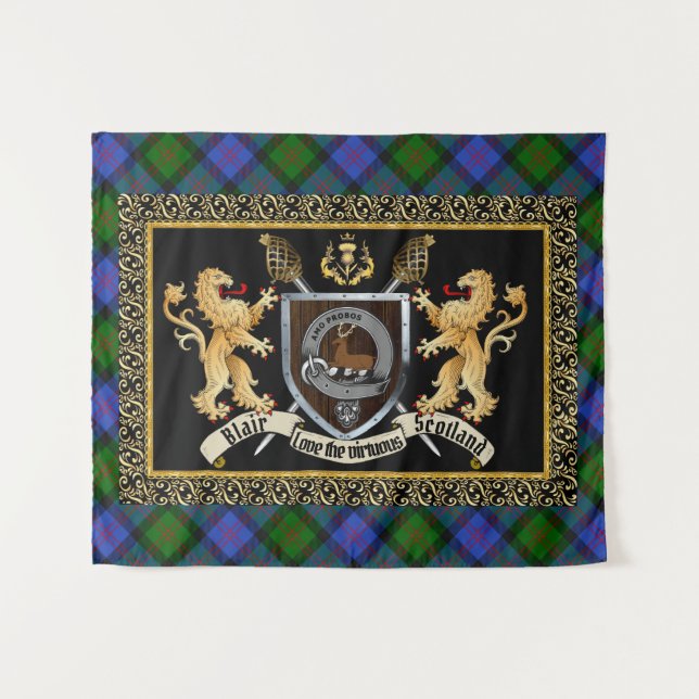 Tapiz Blair Clan Badge & Motto con Leones (Anverso (horizontal))