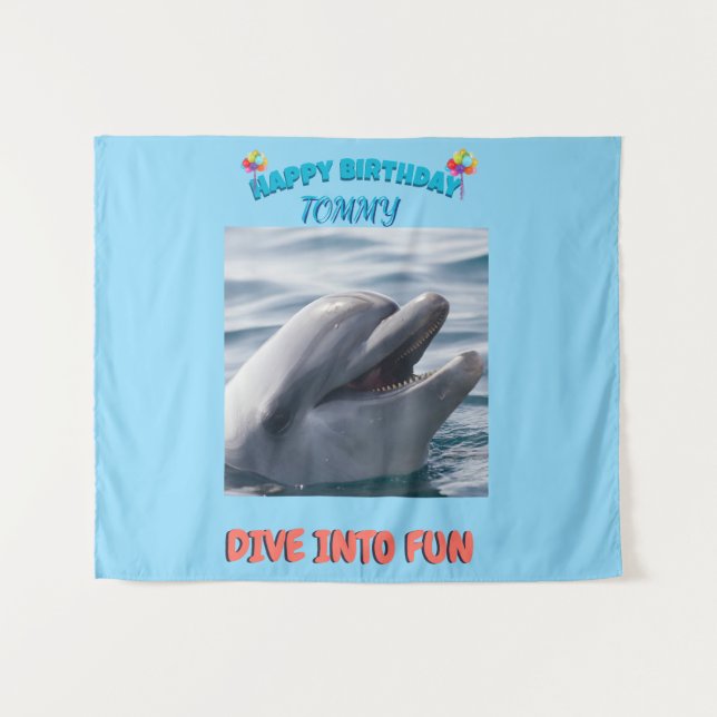 Tapiz Blue and Coral Dolphin Birthday Splash (Anverso (horizontal))