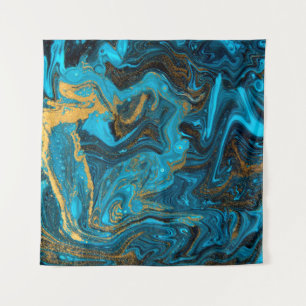 Tapiz Blue and gold marbling pattern. Golden marble liqu