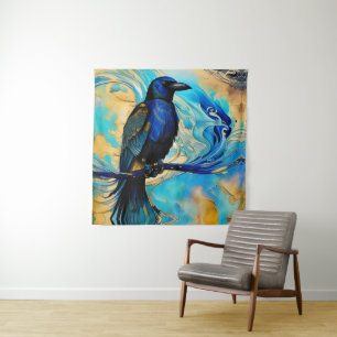 Tapiz Blue Black Raven en abstracto azul y oro