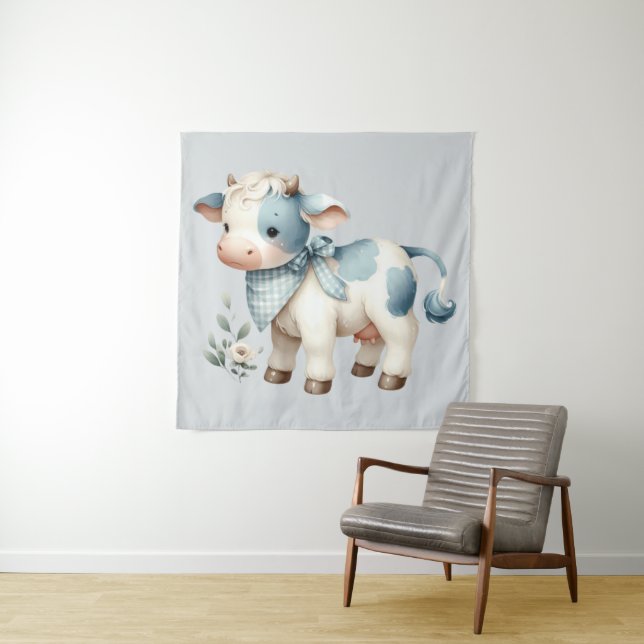 Tapiz Blue Gingham Baby Cow Pastel Farm Aesthetic (In situ)