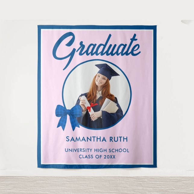 Tapiz Blue Gingham Bow Photo Graduation Backdrop (Anverso)