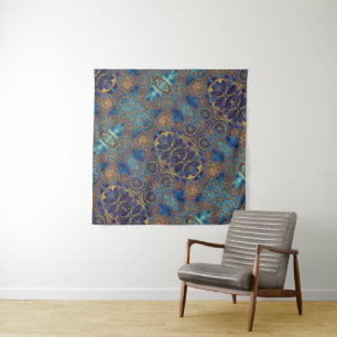 Tapiz Blue Gold Aqua Stars Gears Patterns Celestial