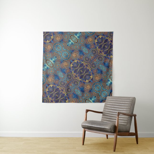 Tapiz Blue Gold Aqua Stars Gears Patterns Celestial (In situ)