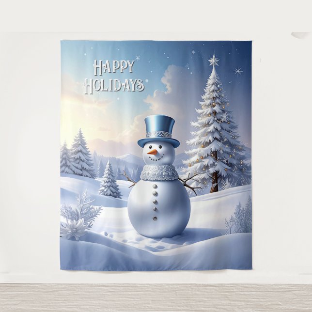Tapiz Blue Hat Snowman Holiday Backdrop (Anverso)