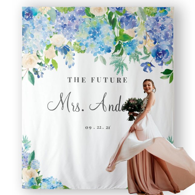 Tapiz Blue Hydrangeas Future Mrs Bridal Shower Backdrop (Subido por el creador)