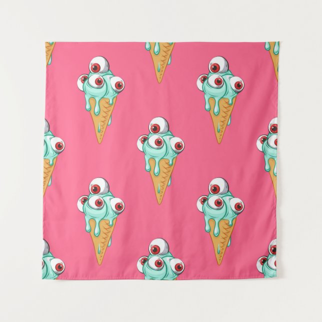 Tapiz Blue ice cream with eyes. Pink background. Seamles (Anverso)