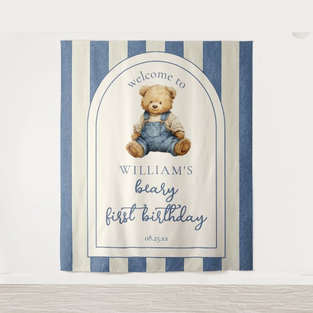 Tapiz Blue Jean Teddy Bear 1st Birthday Photo Backdrop (Anverso)