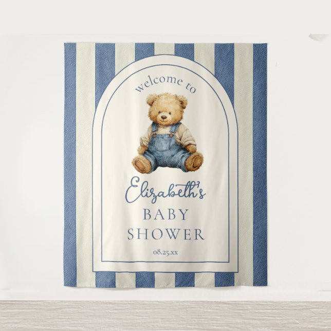 Tapiz Blue Jean Teddy Bear Baby Shower Photo Backdrop (Anverso)