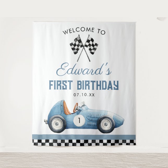Tapiz Blue Race Car 1st Birthday Photo Backdrop (Anverso)