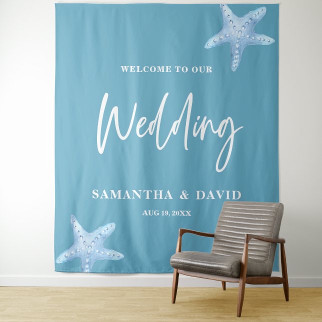 Tapiz Blue Sea Wedding Welcome Sign Backdrop (In situ)