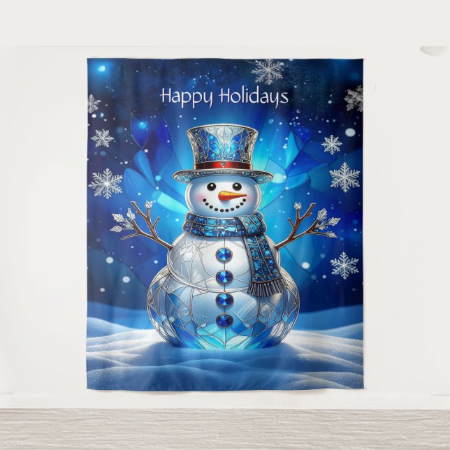 Tapiz Blue Snowman Snowflakes Holiday Backdrop (Anverso)