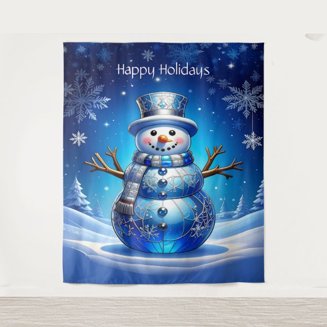 Tapiz Blue Snowman Snowflakes Holiday Backdrop (Anverso)
