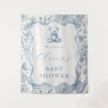 Blue Toile Teddy Bear Tapestry Baby Shower