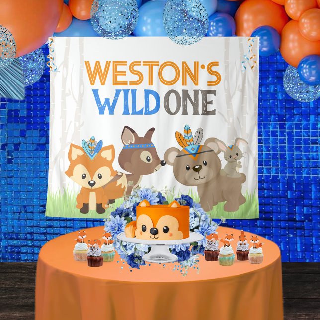 Tapiz Blue Wild One Woodland Animals Fiesta fondo (Personalized Tribal Forest Animals Woodland Wild One 1st Birthday Backdrop. 4 Sizes Available)