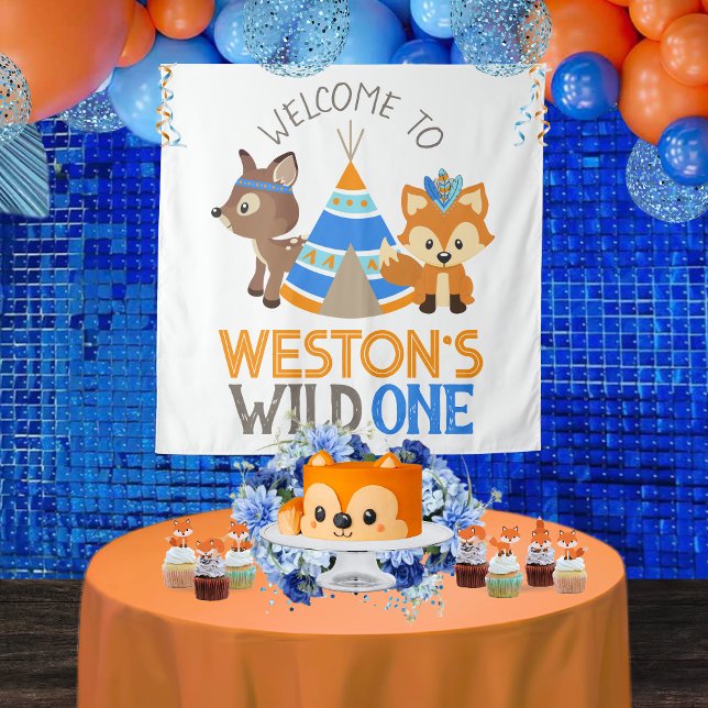 Tapiz Blue Wild One Woodland Primer Día Fiesta Fondo (Large Square Personalized Tribal Forest Fox and Deer Woodland Wild One 1st Birthday Backdrop)