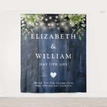 Blue Wood String Luces Greenery Photo Backdrop