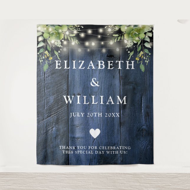 Tapiz Blue Wood String Luces Greenery Photo Backdrop (Anverso)